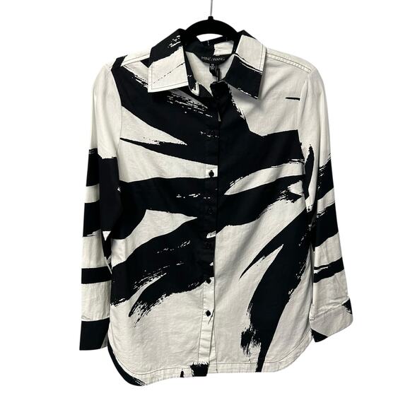 NWT Ming Wang Black White Abstract Print Long Sleeve Button Up Shirt Womens XS - Picture 1 of 7